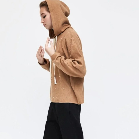 Zara Pearl Sweatshirt Sweater Pullover Hooded Tan Camel Size Small - Picture 4 of 10